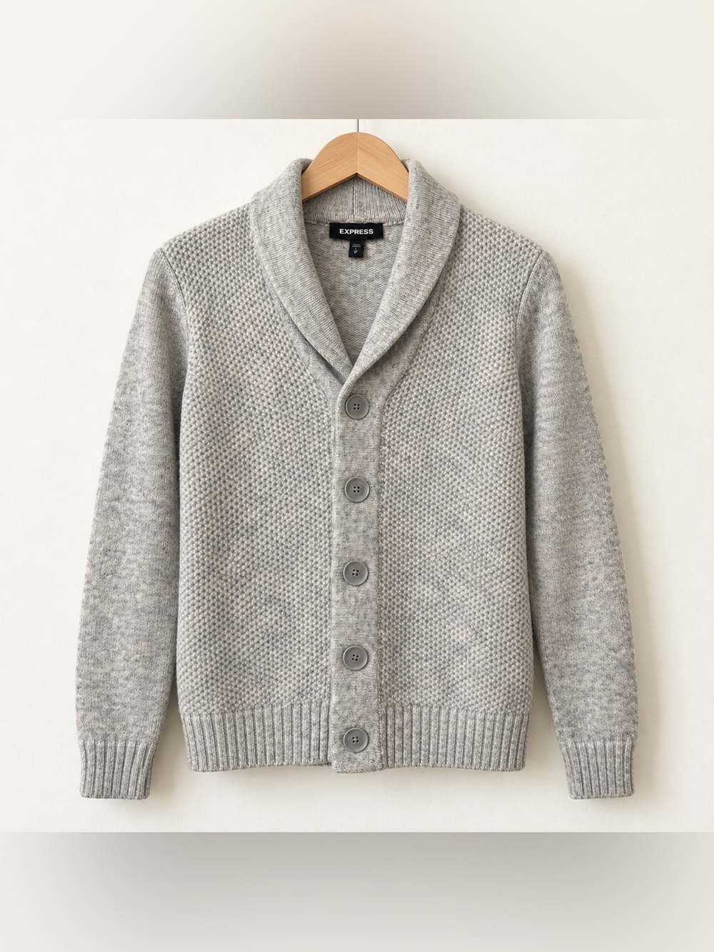 Express Gray Shawl Collar Textured Knit Button Cardigan Sweater Small
